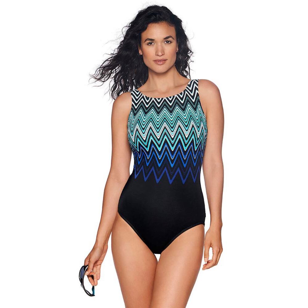 New Reebok Swim Cosmic Wave High Neck One-Piece Swimsuit in Blue Women's Size 10